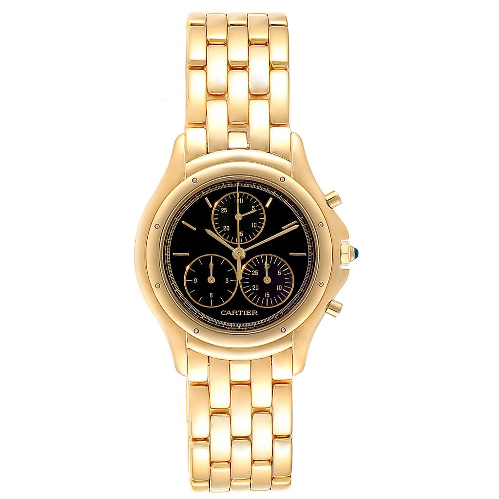 This image shows a Cartier Panthere 1162 Yellow Gold Black Dial 1162 Yellow Gold Black Dial watch from a top-down angle, featuring its face, bezel, and bracelet.