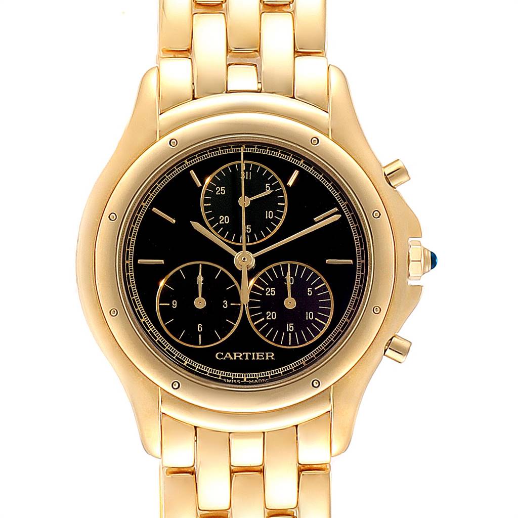 The image shows a front view of a Cartier Panthere 1162 Yellow Gold Black Dial 1162 Yellow Gold Black Dial watch, displaying its gold bracelet, black dial, and chronograph subdials.