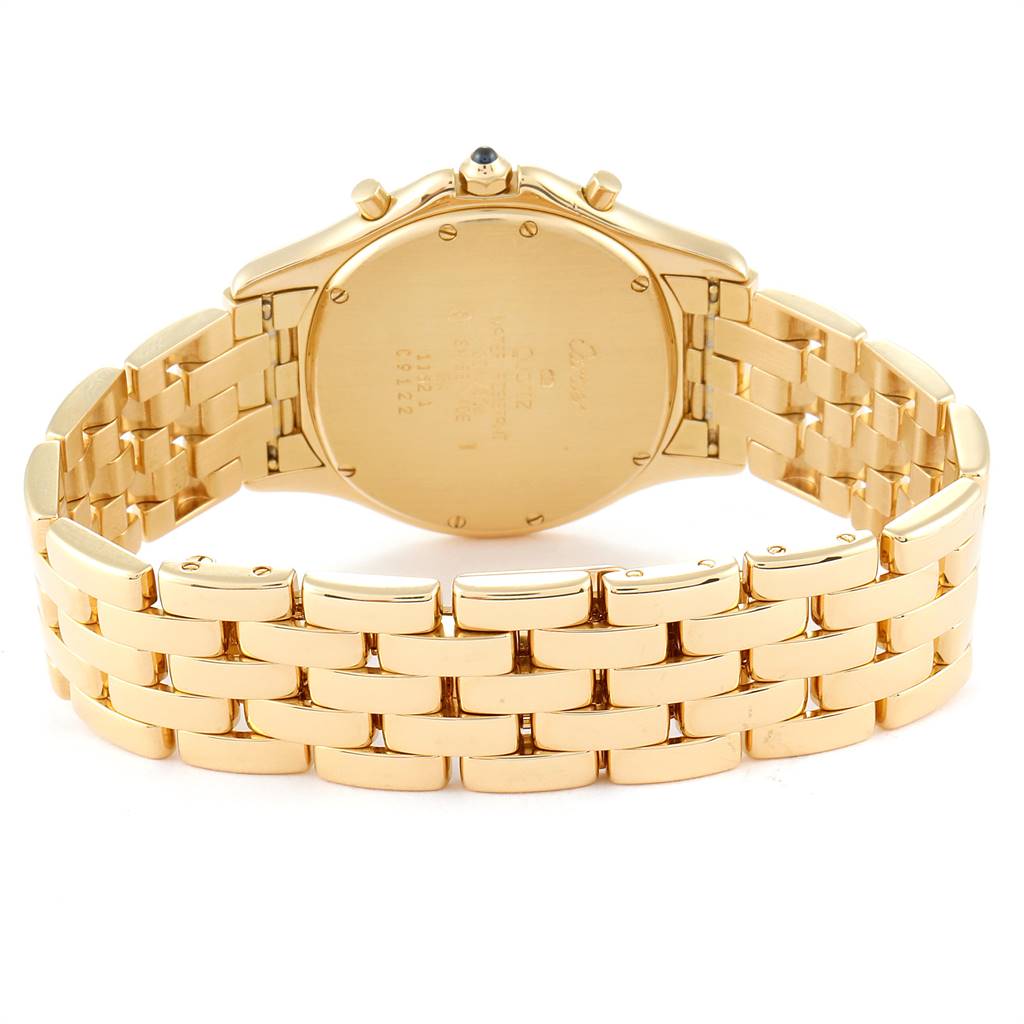 The image shows the back and bracelet of a Cartier Panthere 1162 Yellow Gold Black Dial 1162 Yellow Gold Black Dial watch, focusing on the gold links and case back.