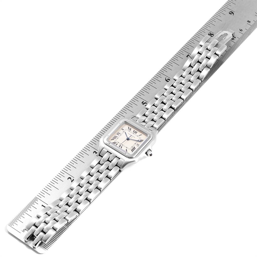 The image shows the front view of a Cartier Panthere W25032P5 Men's Stainless Steel Silver Dial W25032P5 Men's Stainless Steel Silver Dial watch laid against a ruler to display its size.
