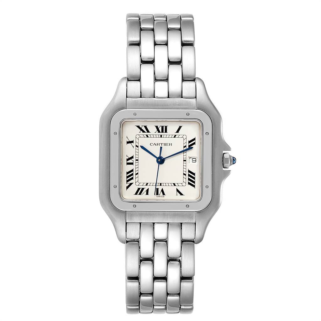This image shows a front view of the Cartier Panthère model watch, highlighting the face, bezel, and bracelet.