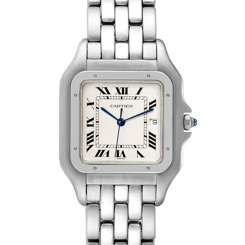 The image shows a front view of a Cartier Panthere W25032P5 Men's Stainless Steel Silver Dial W25032P5 Men's Stainless Steel Silver Dial watch, highlighting its face, Roman numerals, and metal bracelet.