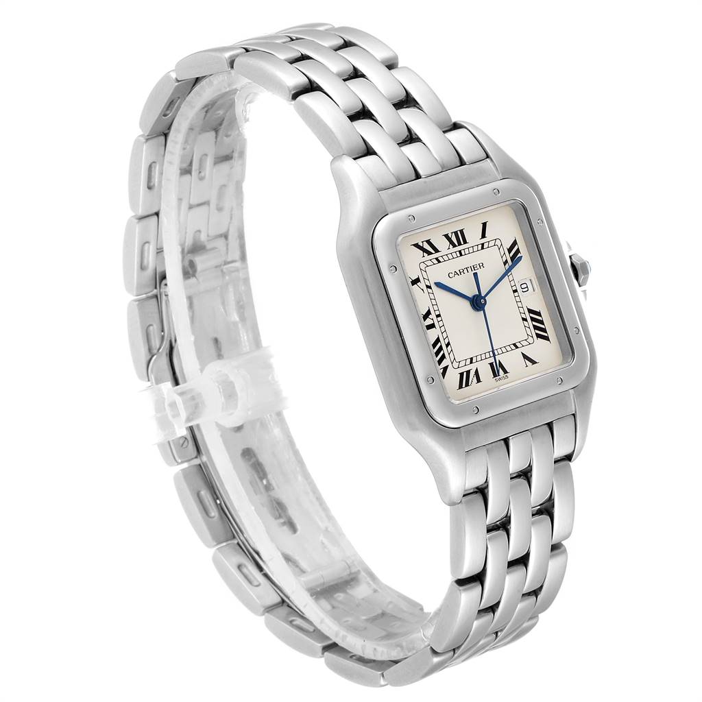 The image shows a side and front angle of the Cartier Panthere W25032P5 Men's Stainless Steel Silver Dial W25032P5 Men's Stainless Steel Silver Dial watch, highlighting its face and bracelet.
