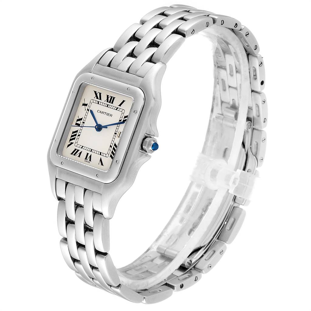 The image shows a Cartier Panthere W25032P5 Men's Stainless Steel Silver Dial W25032P5 Men's Stainless Steel Silver Dial watch at a slight angle, displaying the face, bezel, and part of the bracelet.
