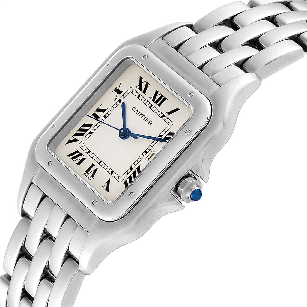 The Cartier Panthere W25032P5 Men's Stainless Steel Silver Dial W25032P5 Men's Stainless Steel Silver Dial watch is shown at an angled view focusing on the face, bezel, crown, and part of the bracelet.
