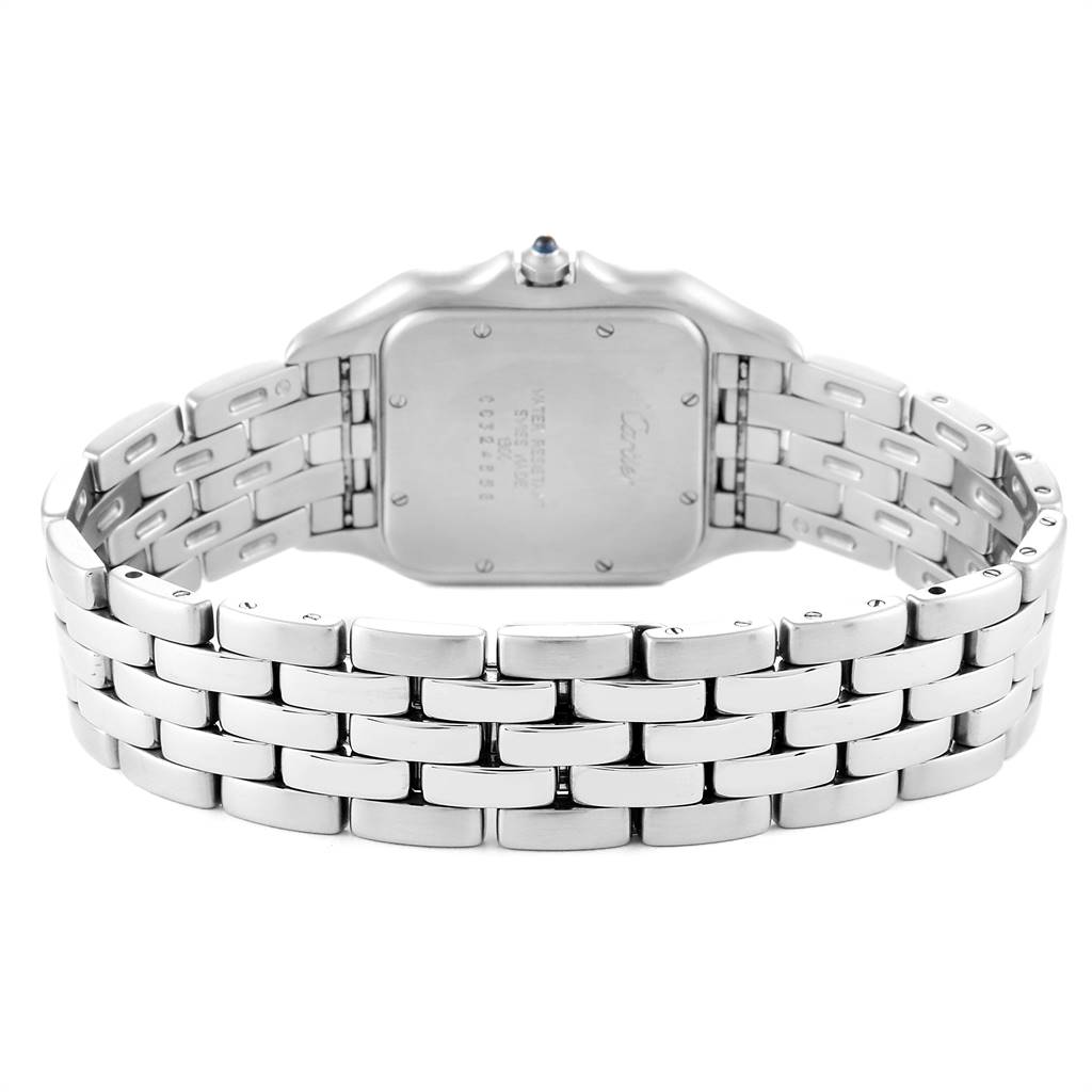 This image shows the back view of the Cartier Panthere W25032P5 Men's Stainless Steel Silver Dial W25032P5 Men's Stainless Steel Silver Dial watch, highlighting its case back and metal bracelet.