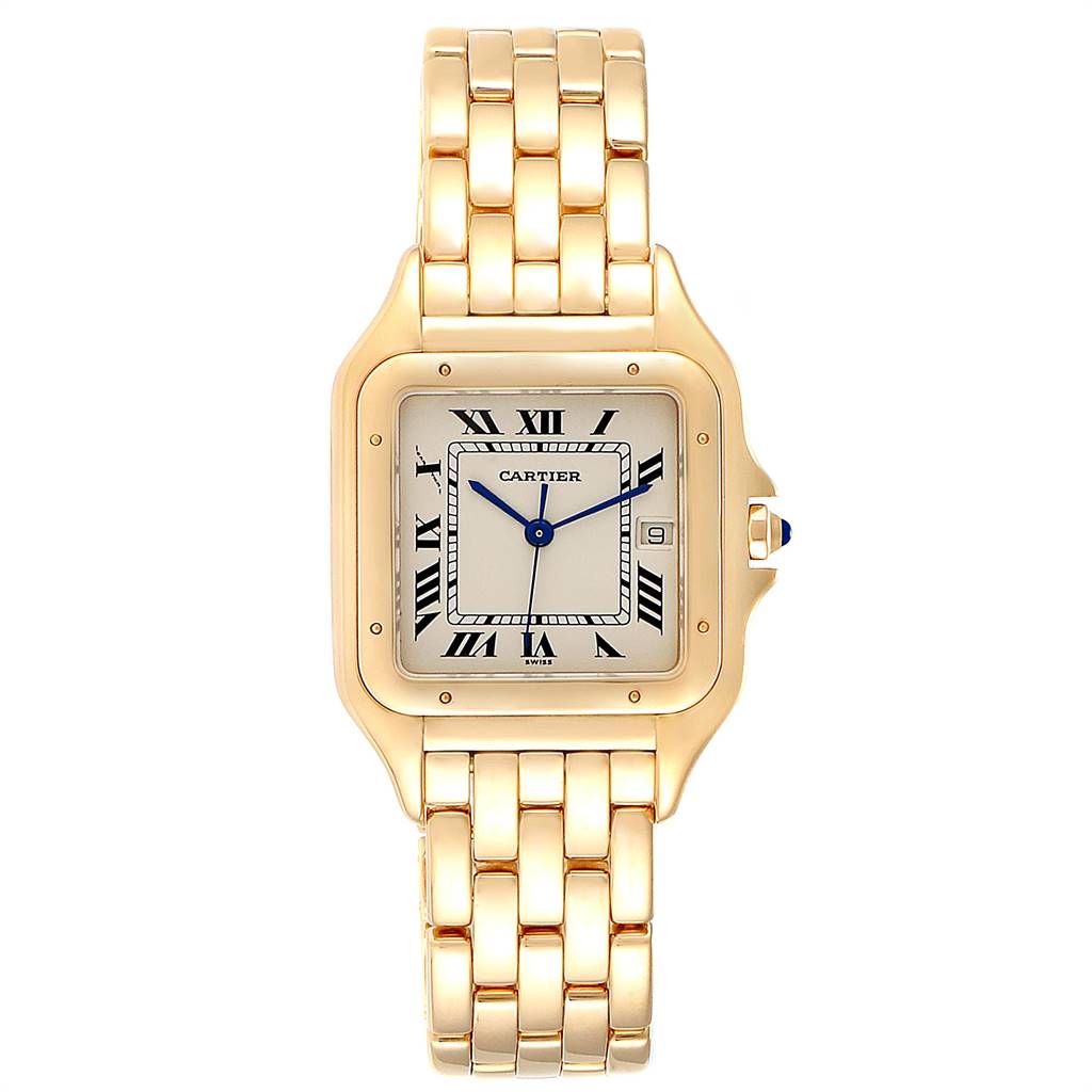 The image shows the front view of a Cartier Panthère watch, highlighting its dial, bracelet, and bezel.