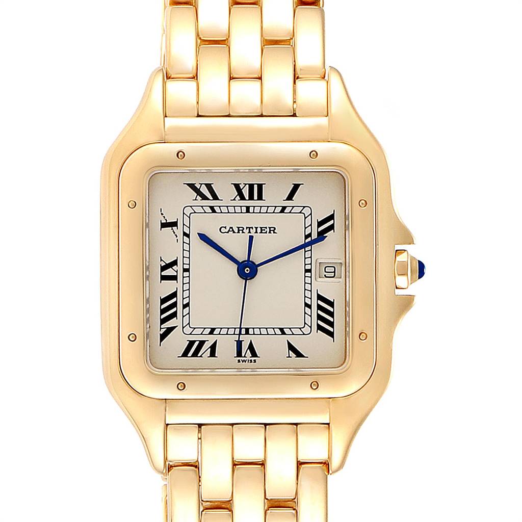 The image shows a front view of a gold Cartier Panthere W25014B9 Yellow Gold Silver Dial W25014B9 Yellow Gold Silver Dial watch, displaying its square face, Roman numerals, blue hands, and part of the bracelet.