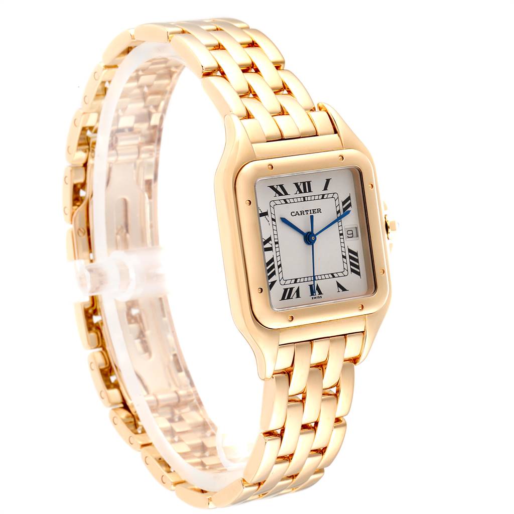 This image shows a Cartier Panthere W25014B9 Yellow Gold Silver Dial W25014B9 Yellow Gold Silver Dial watch at a three-quarter angle, highlighting its face, bracelet, and crown.