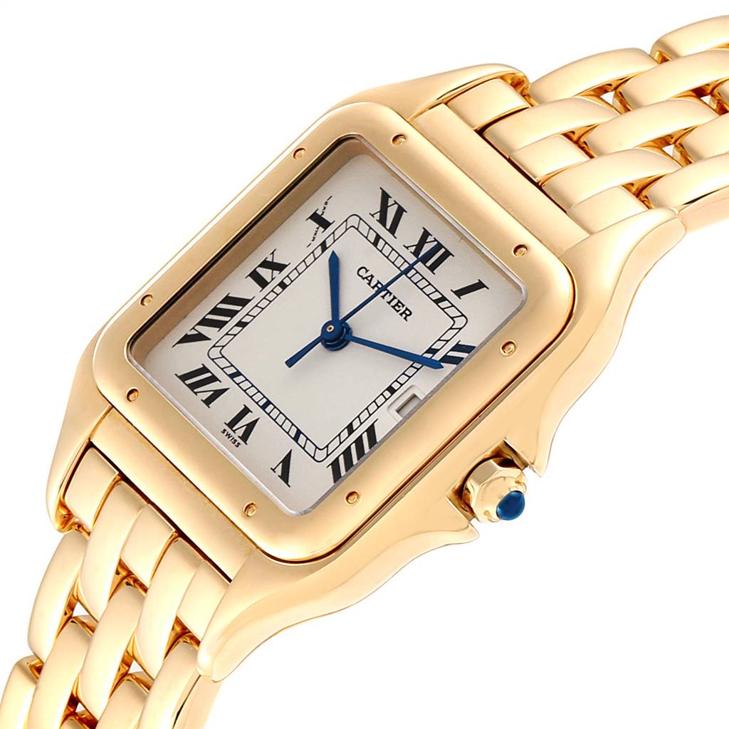 The image shows a close-up angle of the Cartier Panthere W25014B9 Yellow Gold Silver Dial W25014B9 Yellow Gold Silver Dial model watch, highlighting its face, bezel, crown, and partial bracelet.