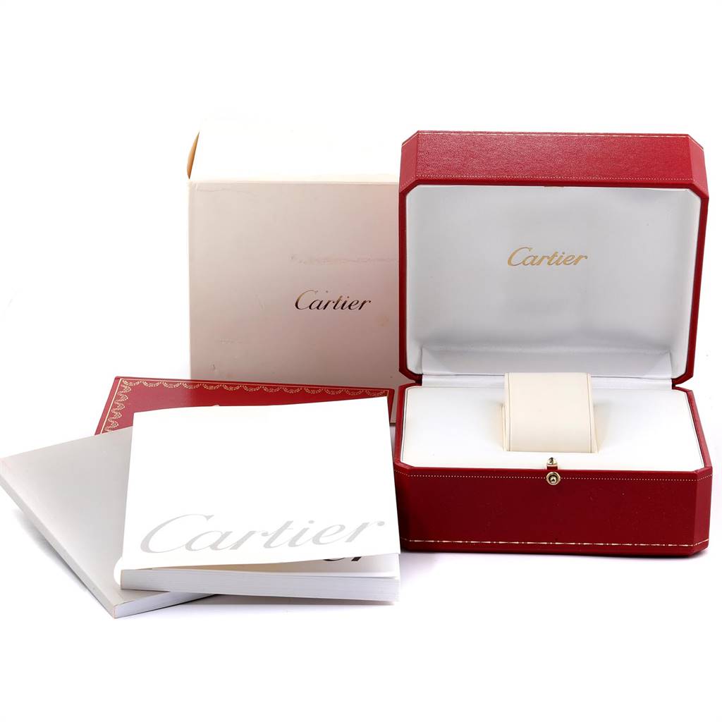 The image shows the packaging and accessories for a Cartier Panthere W25014B9 Yellow Gold Silver Dial W25014B9 Yellow Gold Silver Dial watch including the box, papers, and case.