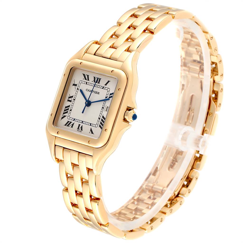 The Cartier Panthere W25014B9 Yellow Gold Silver Dial W25014B9 Yellow Gold Silver Dial watch is shown at an angled view highlighting the gold case, bracelet, and Roman numeral dial.