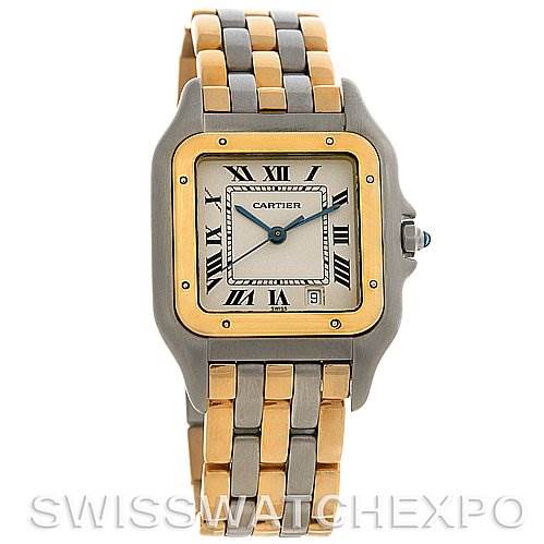 This image shows a front view of a Cartier Panthere Steel and Gold (two tone) Silver Dial Steel and Gold (two tone) Silver Dial watch, highlighting the dial, two-tone bracelet, and crown.