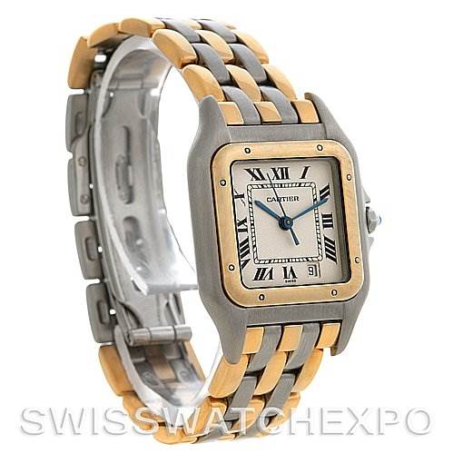 The image shows a front and side view of the Cartier Panthere Steel and Gold (two tone) Silver Dial Steel and Gold (two tone) Silver Dial watch, highlighting its bi-metal bracelet and square dial with Roman numerals.