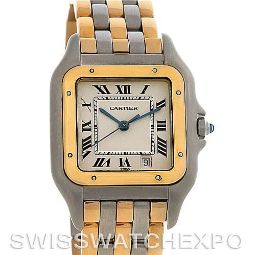 This image shows a front view of the Cartier Panthere Steel and Gold (two tone) Silver Dial Steel and Gold (two tone) Silver Dial watch showcasing its dual-tone bracelet and square face with Roman numerals.