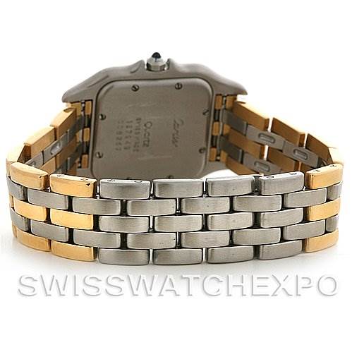 This image shows the back of a Panthere model by Cartier, focusing on its two-tone metal bracelet and case back.