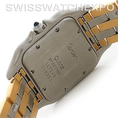 The image shows the back view of a Cartier Panthere Steel and Gold (two tone) Silver Dial Steel and Gold (two tone) Silver Dial model watch, highlighting its case back and part of the bracelet.