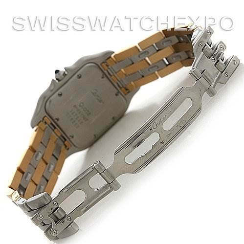 The photo shows the open clasp and back of the Cartier Panthere Steel and Gold (two tone) Silver Dial Steel and Gold (two tone) Silver Dial watch, prominently displaying the bracelet and case back.