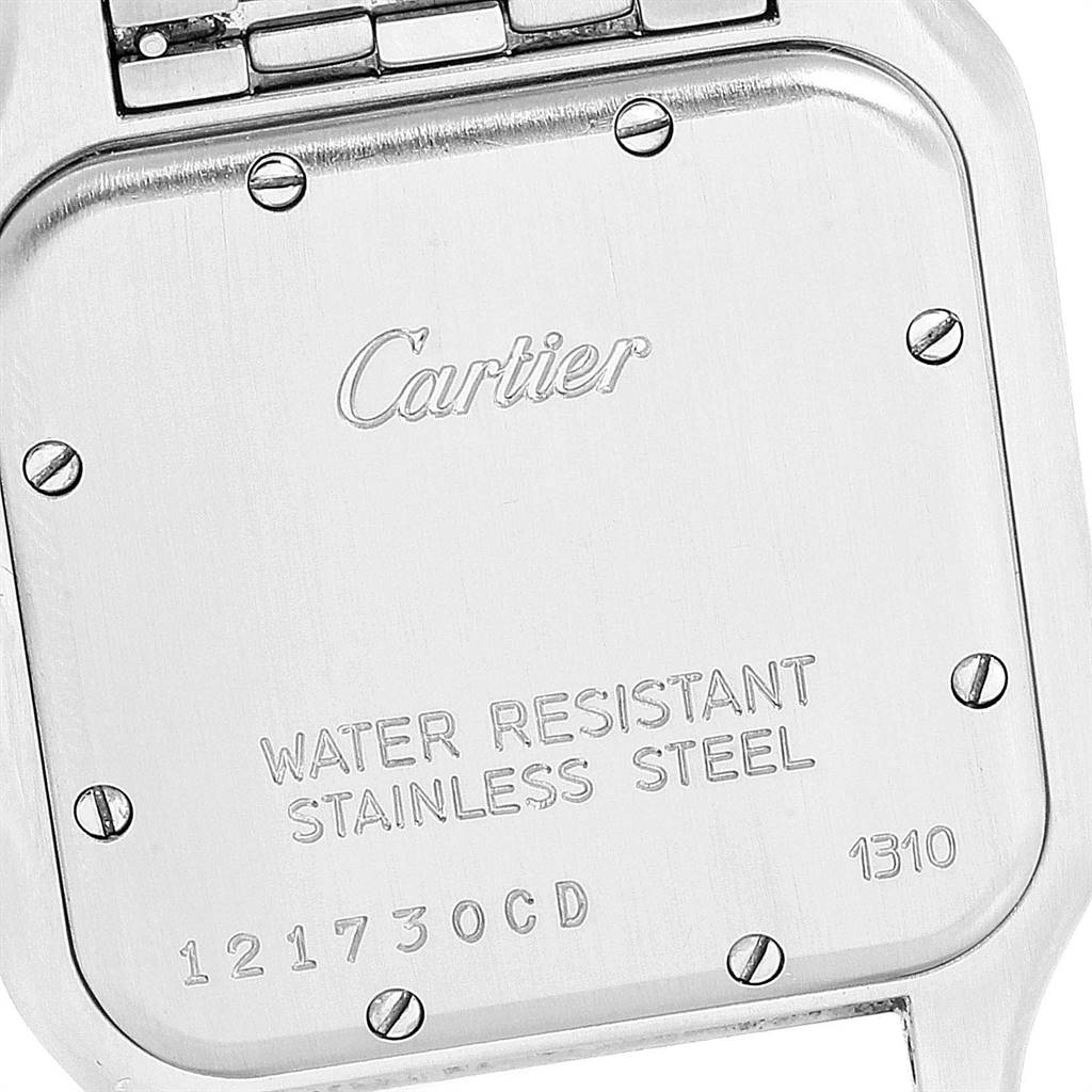 This image shows the back case of a Cartier Panthere W25054P5 Men
s Stainless Steel Silver Dial W25054P5 Men
s Stainless Steel Silver Dial model watch, displaying its water resistance and stainless steel markings.