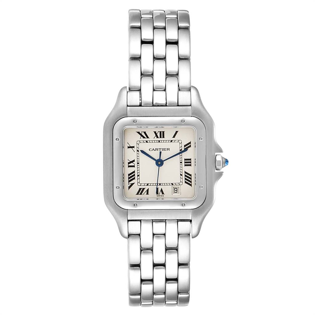 The Panthere de Cartier watch is shown from a front angle, displaying the face, bezel, and bracelet.