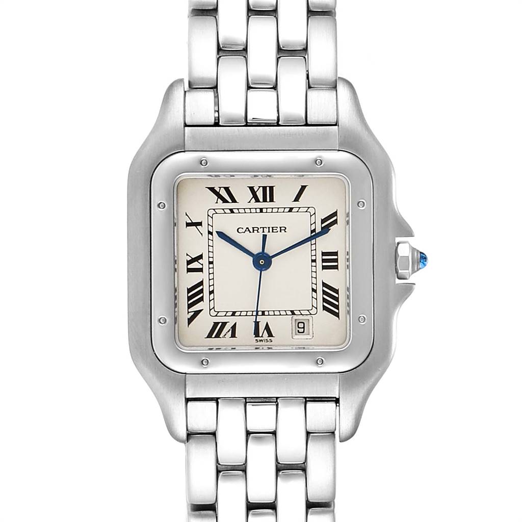 This image shows the front view of a Cartier Panthere W25054P5 Men
s Stainless Steel Silver Dial W25054P5 Men
s Stainless Steel Silver Dial model watch, featuring the face and part of the bracelet.