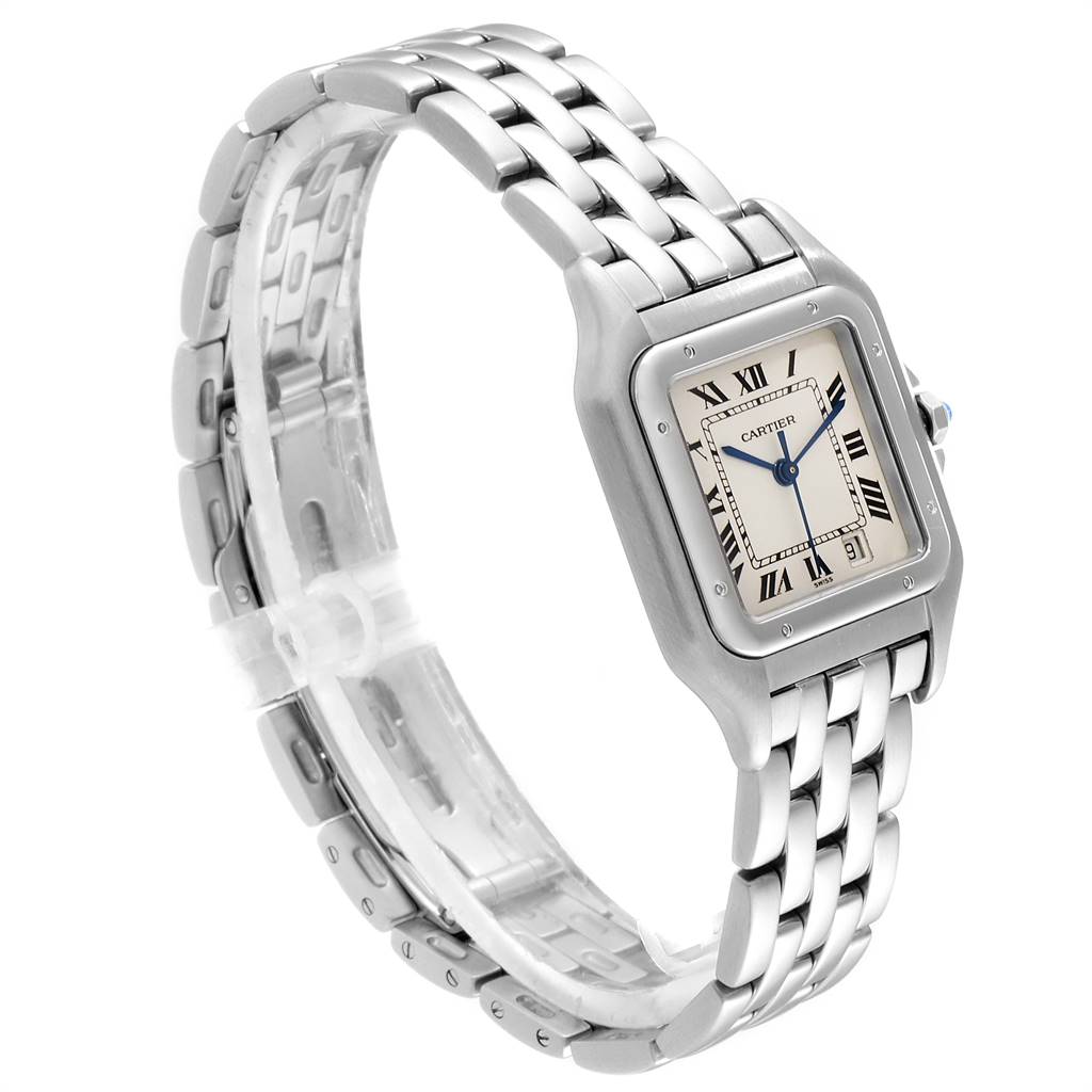 The image shows a Cartier Panthere W25054P5 Men
s Stainless Steel Silver Dial W25054P5 Men
s Stainless Steel Silver Dial watch at a side angle, highlighting its bracelet, case, and dial with Roman numerals.