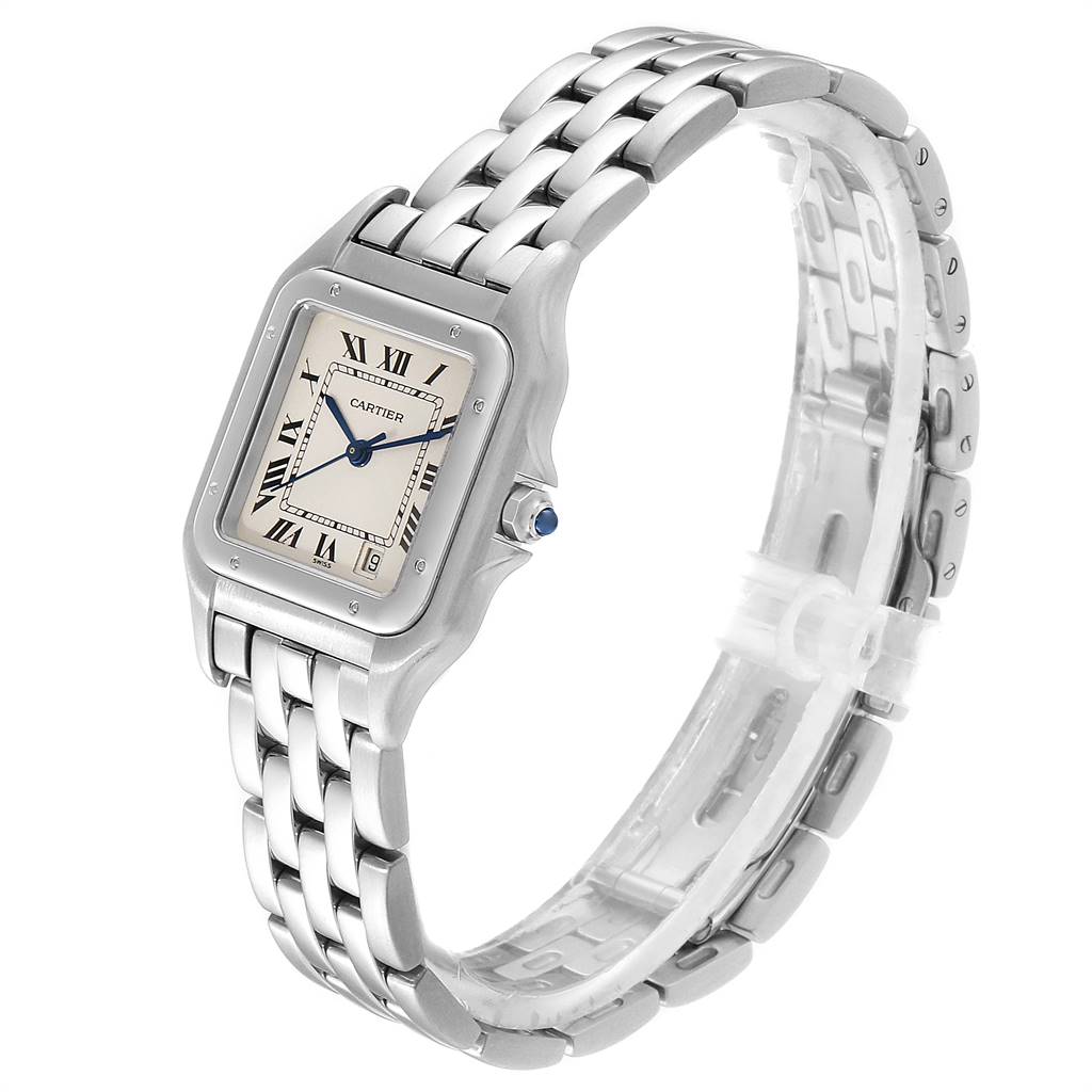 The image shows a Cartier Panthere W25054P5 Men
s Stainless Steel Silver Dial W25054P5 Men
s Stainless Steel Silver Dial model watch from a slightly elevated side angle, highlighting its face, bracelet, and crown.