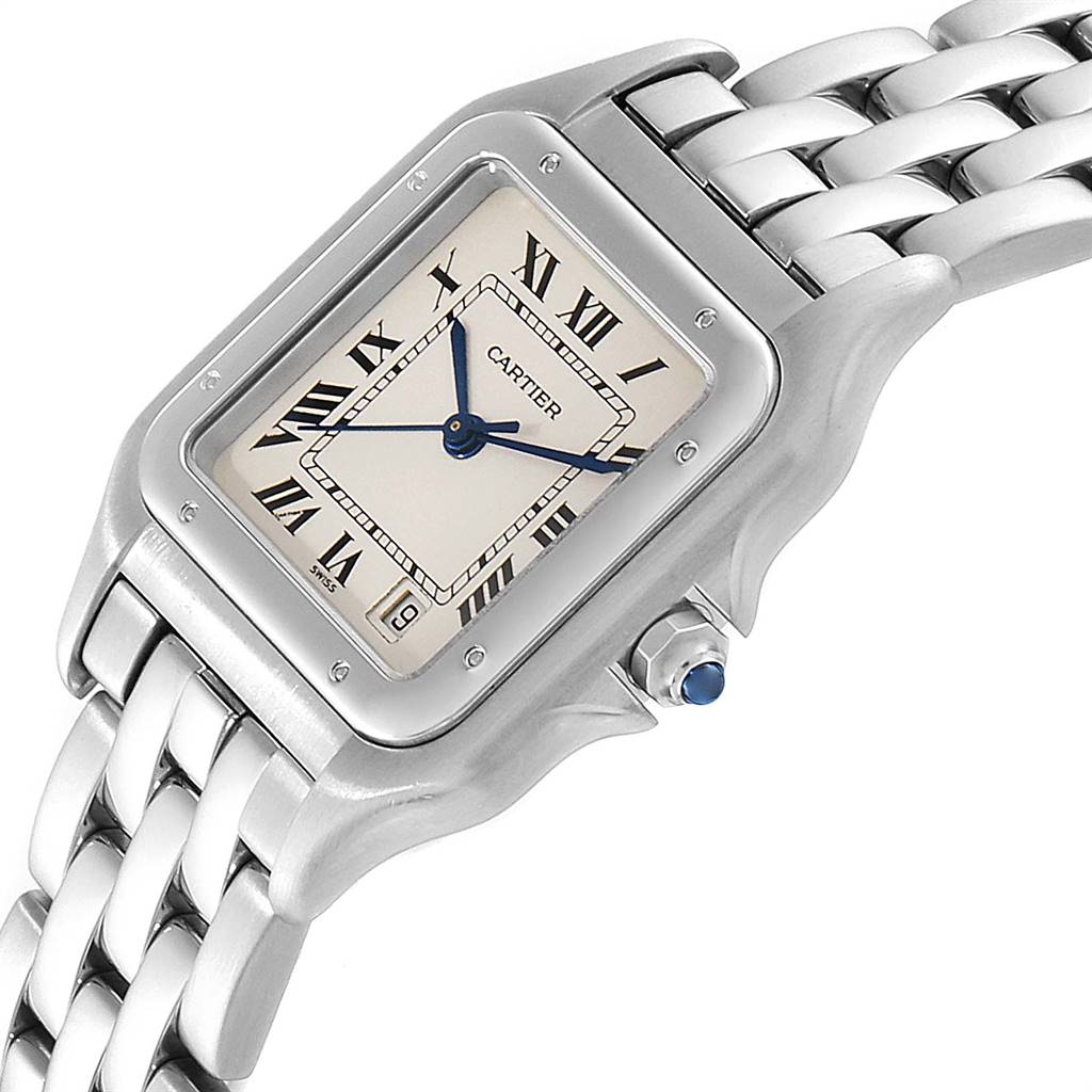 The image shows a Cartier Panthere W25054P5 Men
s Stainless Steel Silver Dial W25054P5 Men
s Stainless Steel Silver Dial watch angled slightly from the front, highlighting the face, bezel, and part of the bracelet.