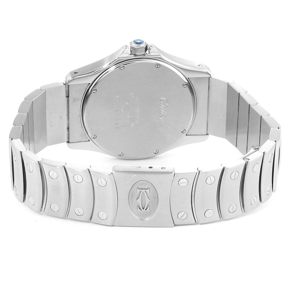 The image shows the back view of a Cartier Panthère watch, revealing the case back and parts of the bracelet.