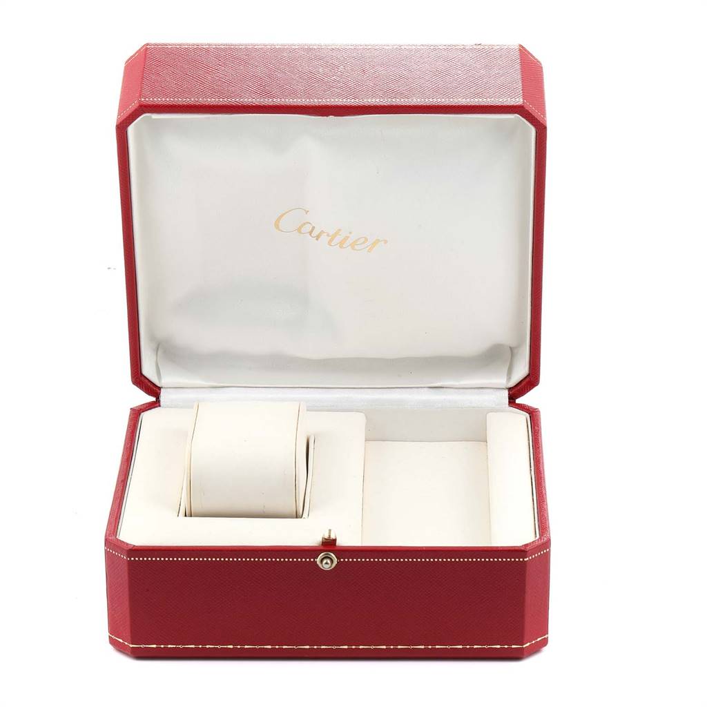 This image shows an open Cartier branded box for the Panthere model watch, without the watch inside.