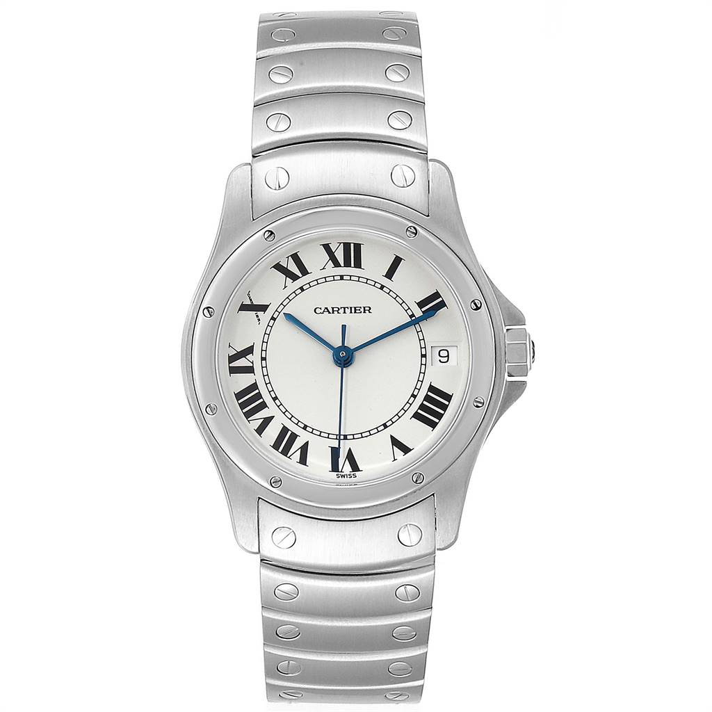This image shows a front view of the Cartier Panthere W35002F5 Men's Stainless Steel White Dial W35002F5 Men's Stainless Steel White Dial watch displaying the face, bezel, and bracelet.