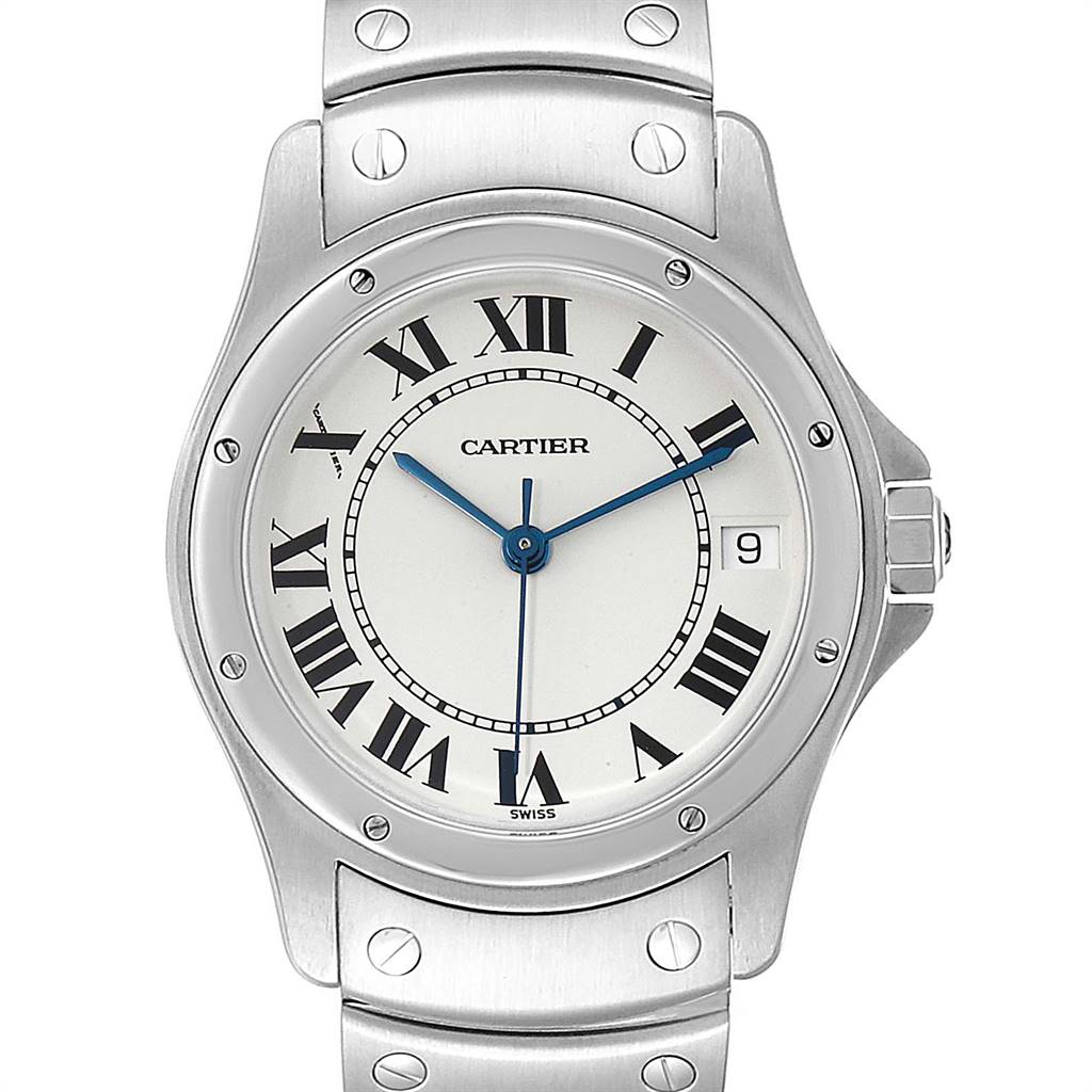 This image shows a front view of the face and part of the band of a Panthere model by Cartier.