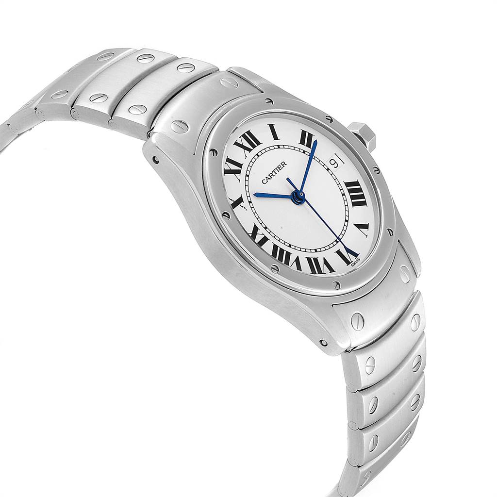 The image shows a side angle view of the Cartier Panthere W35002F5 Men's Stainless Steel White Dial W35002F5 Men's Stainless Steel White Dial watch, highlighting its dial, bezel, and bracelet.