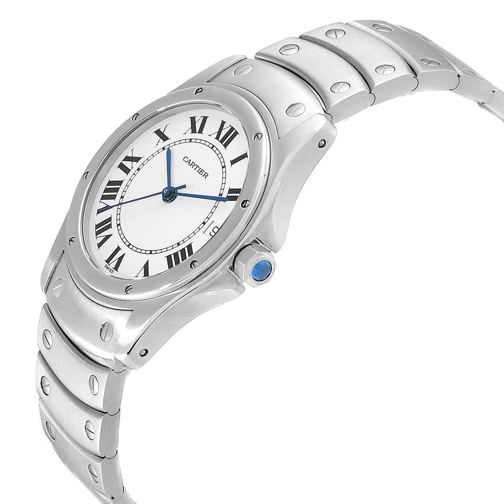 The image shows a Panthere de Cartier watch from an angled side view, displaying its face, bezel, bracelet, and crown with a blue accent.