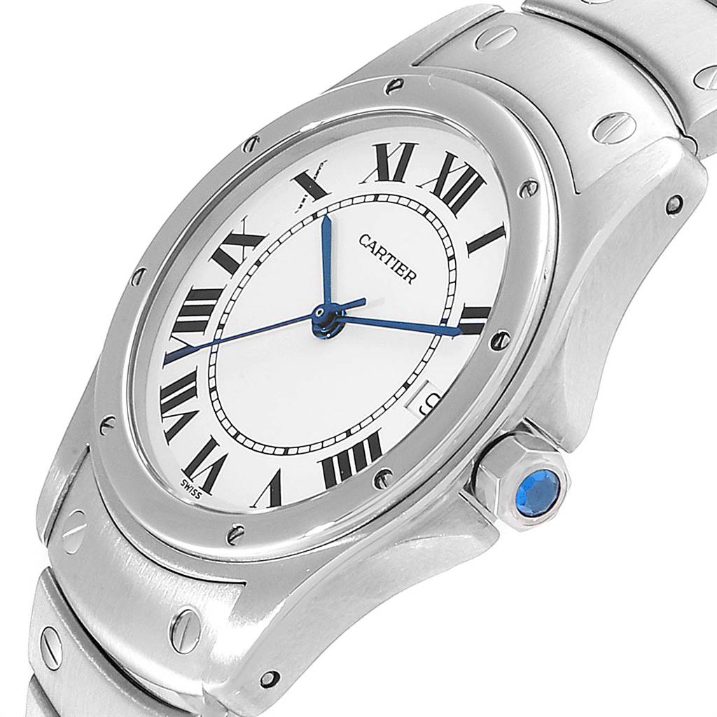 This image shows a close-up angled view of the Cartier Panthere W35002F5 Men's Stainless Steel White Dial W35002F5 Men's Stainless Steel White Dial model watch, highlighting the dial, crown, and part of the bracelet.