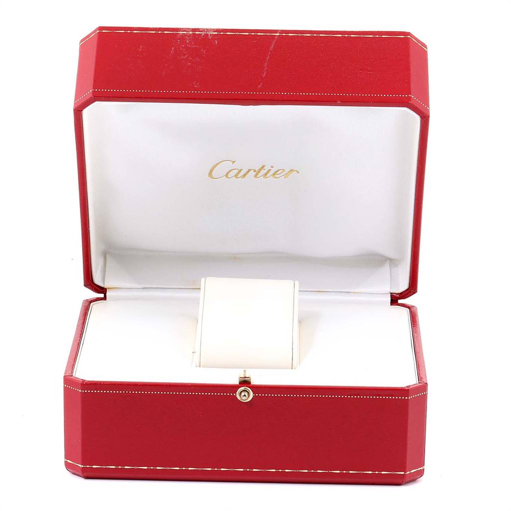 The image shows an open red Cartier box for the Santos model watch, without the actual watch inside.