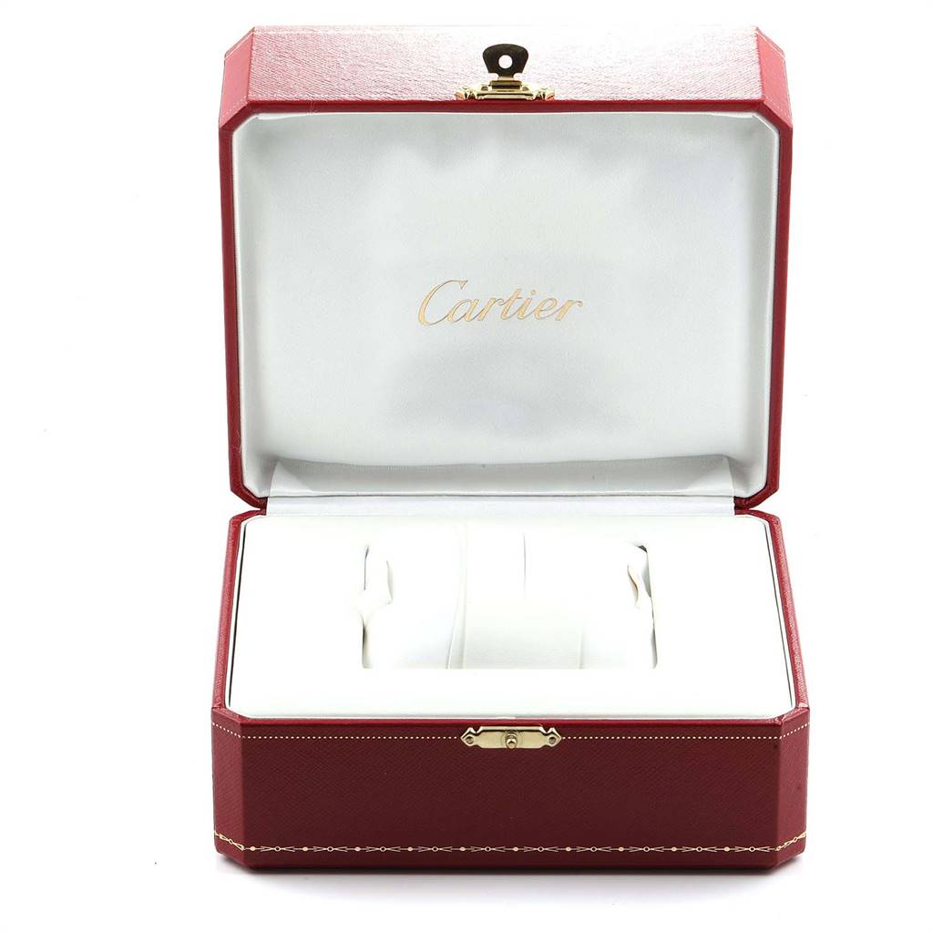 The image shows an open Cartier Panthere W25014B9 Men's Yellow Gold Silver Dial W25014B9 Men's Yellow Gold Silver Dial watch box, revealing its padded interior and the Cartier logo.