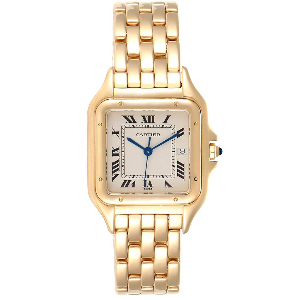 This image shows a gold Cartier Panthere W25014B9 Men's Yellow Gold Silver Dial W25014B9 Men's Yellow Gold Silver Dial model watch from a front view, displaying its face, dial, and bracelet.
