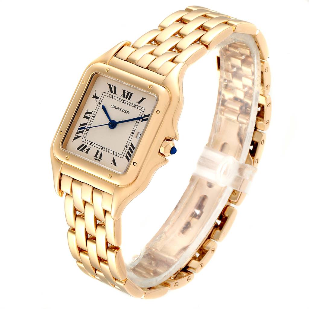 The image shows a Cartier Panthere W25014B9 Men's Yellow Gold Silver Dial W25014B9 Men's Yellow Gold Silver Dial watch at an angled top view, displaying its gold bracelet and square face with Roman numerals.
