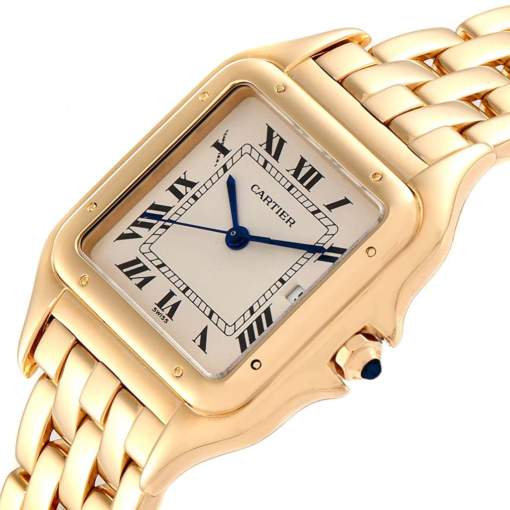 This image shows a close-up view of the Panthere de Cartier watch, focusing on the square face, Roman numerals, blue hands, and gold bracelet.