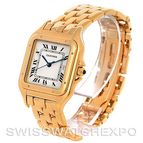 The image shows a Cartier Panthère model watch from an angled top view, highlighting the face, bracelet, and bezel.