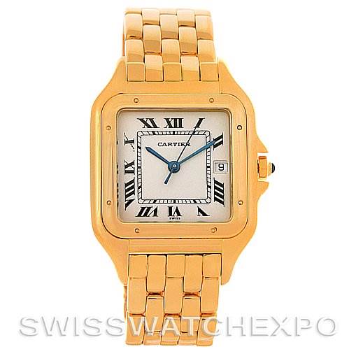 This image shows a front view of the Cartier Panthere Yellow Gold Silver Dial Yellow Gold Silver Dial model watch, highlighting its face, bracelet, and crown.