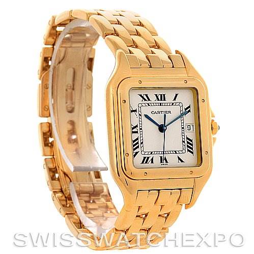 The image shows a Cartier Panthere Yellow Gold Silver Dial Yellow Gold Silver Dial watch at a three-quarter angle, highlighting its square face, Roman numerals, and link bracelet.