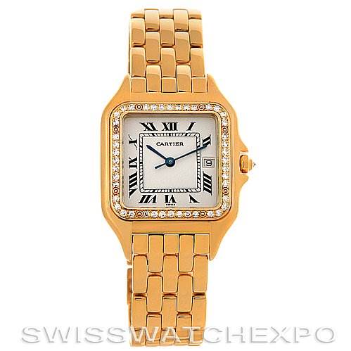 This is a frontal view of the Cartier Panthere Men
s Yellow Gold Silver Dial Men
s Yellow Gold Silver Dial model, showcasing its face, bezel, and bracelet.