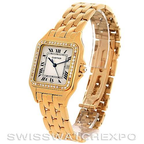 The image shows a side angle of the Cartier Panthere Men
s Yellow Gold Silver Dial Men
s Yellow Gold Silver Dial watch, displaying its face, bezel, and bracelet.