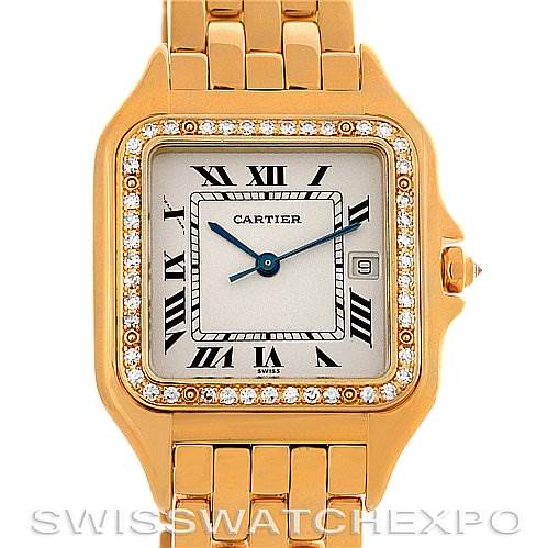 This image shows a front view of the Cartier Panthère model watch, highlighting its gold finish and diamond-encrusted bezel.
