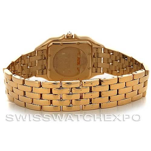 The image shows the back view of the Cartier Panthère watch, highlighting its gold bracelet and case back.