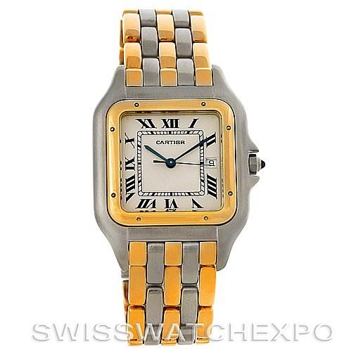 This image shows a front view of the Cartier Panthere Steel and Gold (two tone) Silver Dial Steel and Gold (two tone) Silver Dial model watch, highlighting its two-tone bracelet, square face, and Roman numerals.