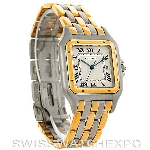 This is an angled view of a Cartier Panthere Steel and Gold (two tone) Silver Dial Steel and Gold (two tone) Silver Dial watch, showcasing its face, bracelet, and clasp.