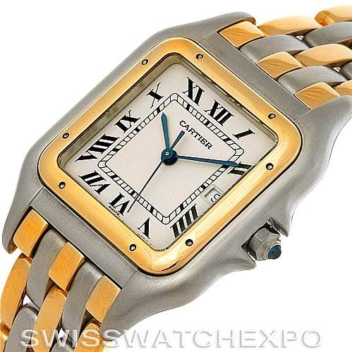 The image shows a Cartier Panthere Steel and Gold (two tone) Silver Dial Steel and Gold (two tone) Silver Dial model watch from a slightly tilted angle, displaying its face, Roman numerals, and two-tone metal bracelet.